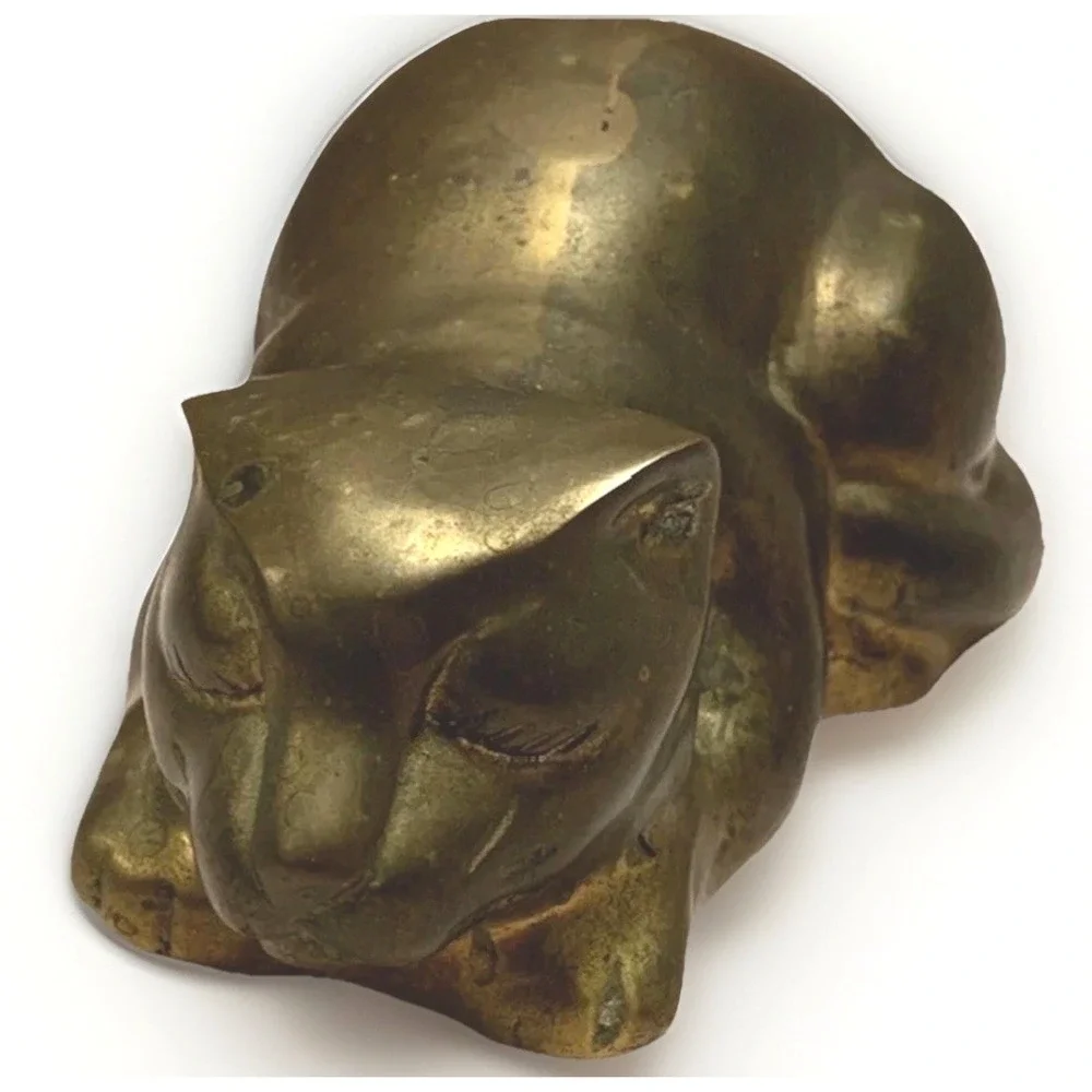 Vintage Brass Sleeping Cat Figurine Statue MCM Large 6
